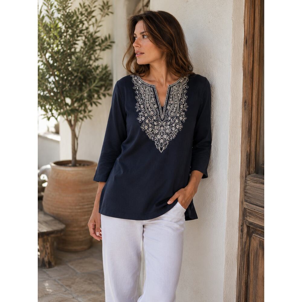 Coldwater Creek Tunic Knit Top Womens M Blue Embroidered V Neck Boho Peasant